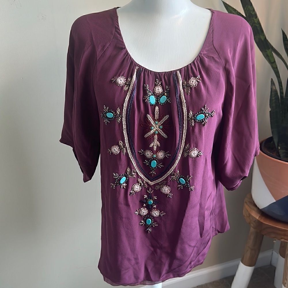 Megan Park 100% Silk & Turquoise Embroidered Blouse 1=6